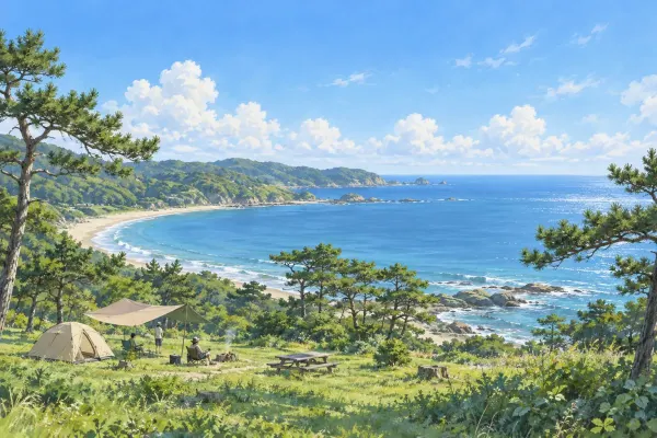 海辺の松林に張ったテントのイラスト(イメージ) 海辺の松林に張ったテントのイラスト(イメージ)