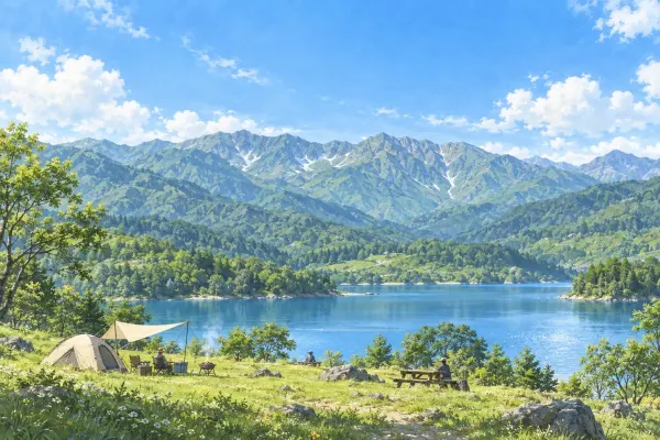 山と湖を望む草地のテントのイラスト(イメージ) 山と湖を望む草地のテントのイラスト(イメージ)