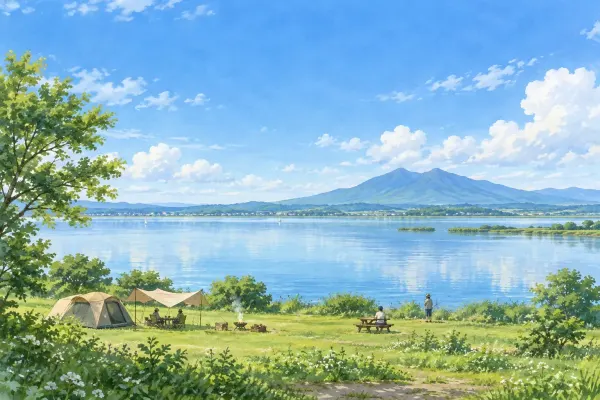 湖畔の草地に張ったテントのイラスト(イメージ) 湖畔の草地に張ったテントのイラスト(イメージ)