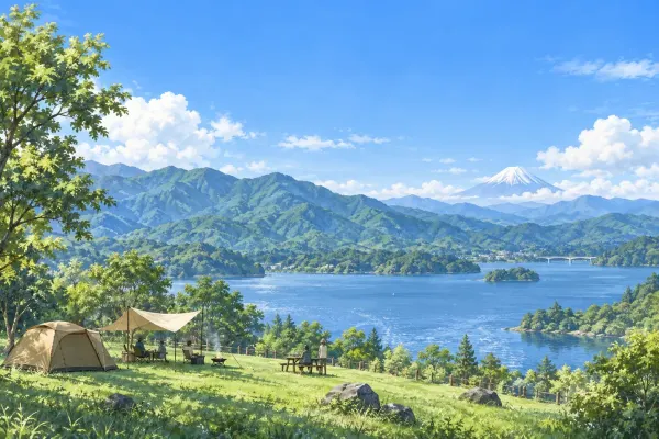 湖と富士山を望む草地のテントのイラスト(イメージ) 湖と富士山を望む草地のテントのイラスト(イメージ)