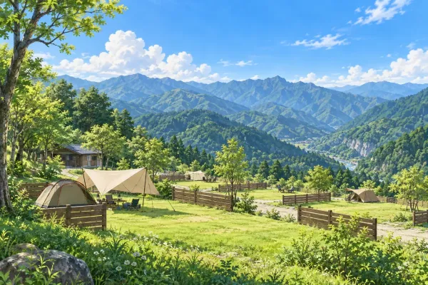 岩場の見える草地に張ったテントのイラスト(イメージ) 岩場の見える草地に張ったテントのイラスト(イメージ)
