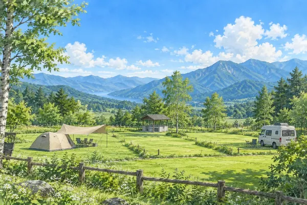山あいの草地に張ったテントとタープのイラスト(イメージ) 山あいの草地に張ったテントとタープのイラスト(イメージ)
