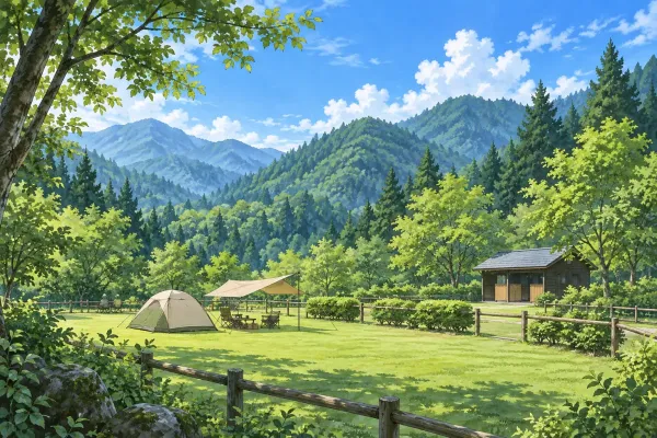 渓谷を見下ろす草地のテントのイラスト(イメージ) 渓谷を見下ろす草地のテントのイラスト(イメージ)